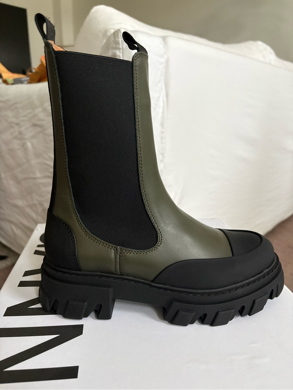 Ganni Kalamata and Black Chunky Chelsea Lug Boots